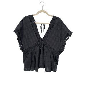 American Eagle Outfitters Babydoll Blouse Size Large Black V Neck Crochet Lace